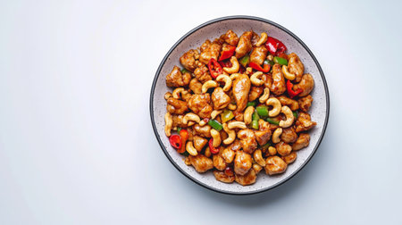 A vibrant and mouth-watering bowl of spicy chicken stir-fry featuring tender chicken pieces, crunchy cashews, and colorful peppers, ideal for showcasing culinary creativity.の素材
