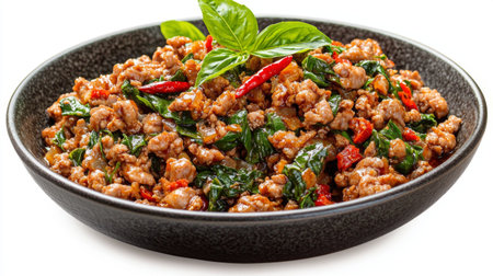A vibrant stir-fry featuring ground meat mixed with fresh vegetables and finished with aromatic basil, served in a black bowl, ideal for food lovers and chefs.の素材