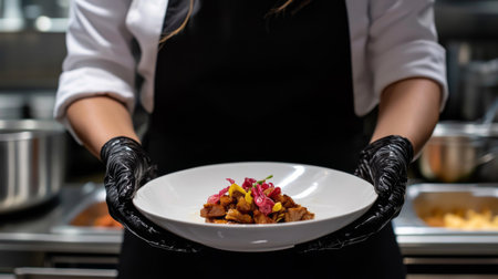A professional chef in a modern kitchen presents a carefully plated dish, highlighting vibrant ingredients and meticulous culinary skills for a fine dining experience.の素材