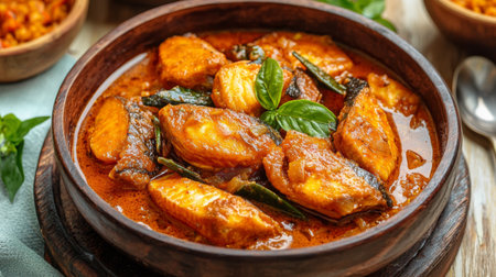 Enjoy a delicious fish stew featuring tender pieces of fish cooked in rich tomato sauce, garnished with fresh herbs, perfect for a cozy meal or special occasion.の素材