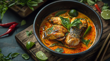 A visually appealing bowl of spicy fish curry, featuring fresh herbs and lime slices on a rustic wooden surface, perfect for culinary enthusiasts and home cooks.の素材