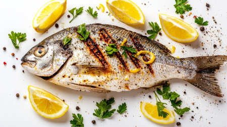 A beautifully presented grilled whole fish is surrounded by lemon slices and garnished with parsley and spices, showcasing an inviting culinary masterpiece.の素材