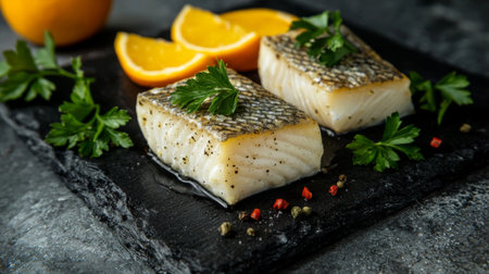 A beautifully plated fish fillet garnished with parsley and accompanied by vibrant orange slices. Ideal for showcasing gourmet dining or healthy meal options.の素材