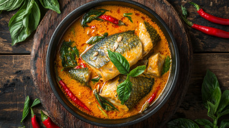 A mouthwatering fish curry featuring rich spices, fresh herbs, and vibrant chili, beautifully presented in a rustic bowl, perfect for a satisfying meal.の素材