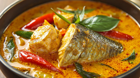 Experience a vibrant coconut curry soup filled with fish and chicken, garnished with fresh basil and red chili peppers. Perfect for warm, comforting meals.の素材
