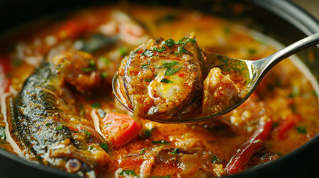 This image captures a steaming bowl of fish stew, enriched with vibrant vegetables and aromatic spices, showcasing a culinary delight that tantalizes the senses.の素材