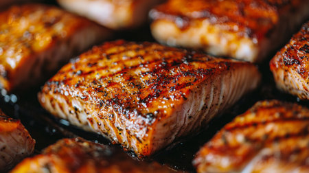 This image showcases succulent grilled salmon fillets with crispy skin, highlighting the texture and seasoning on a black griddle, perfect for a healthy meal.の素材