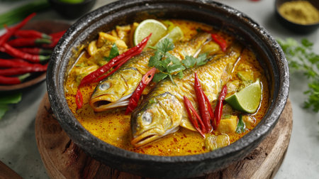 A delicious serving of freshly cooked fish in a spicy coconut curry, adorned with lime slices and red chilies, showcasing vibrant colors and rich flavors.の素材