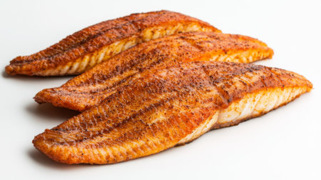 Three beautifully cooked fish fillets seasoned with spices sit on a white background, perfect for culinary presentation or gourmet meal preparation and enjoyment.の素材