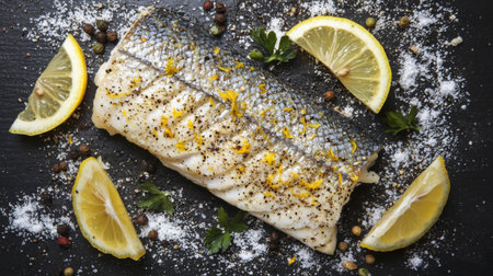 Fresh fish fillet beautifully garnished with lemon slices and a sprinkle of spices, ideal for culinary photography, cooking inspiration, and food art presentations.の素材