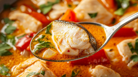 A close-up view of a spoonful of creamy fish soup, showcasing tender fish pieces surrounded by colorful vegetables. This dish embodies warmth and comfort.の素材