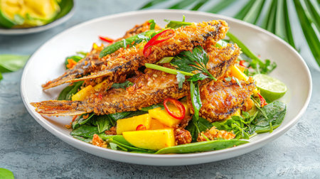 A beautifully arranged dish featuring crispy fried fish served on a bed of fresh salad with herbs, vibrant vegetables, and a refreshing lime wedge, perfect for food lovers.の素材