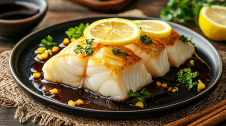 A beautifully grilled fish fillet topped with fresh lemon slices and herbs served on a rustic plate. Perfect for showcasing vibrant and delicious seafood cuisine.の素材