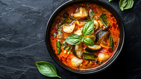 A colorful bowl of aromatic spicy vegetable soup garnished with fresh basil leaves, showcasing vibrant ingredients against a dark slate backdrop. Perfect for food lovers.の素材