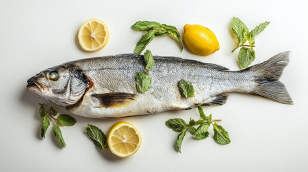 A whole fresh fish lies on a white surface, adorned with slices of lemon and sprigs of mint. Ideal for showcasing fresh seafood in recipes or culinary art.の素材