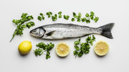 A fresh whole fish elegantly arranged with green herbs and vibrant lemons, ideal for culinary art or healthy meal preparation, invoking freshness and vitality.の素材