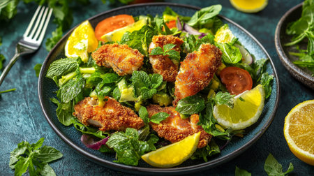 A vibrant salad featuring crispy chicken, fresh herbs, colorful vegetables, and zesty lemon, perfect for a healthy meal or summer gathering. Enjoy the flavors!の素材