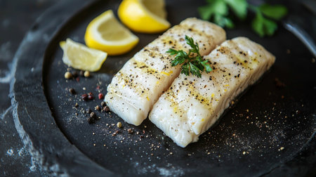 A beautifully presented fish fillet garnished with fresh herbs and lemon slices on a dark plate. Ideal for culinary photography, recipes, and food styling.の素材