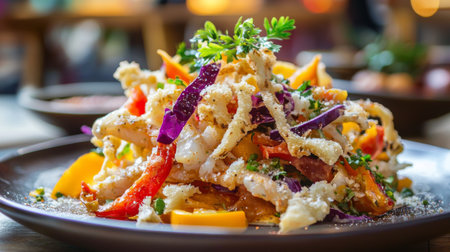 A vibrant salad featuring fresh vegetables and crispy toppings, ideal for inviting gatherings or health-conscious meals. Perfect for any dining occasion.の素材