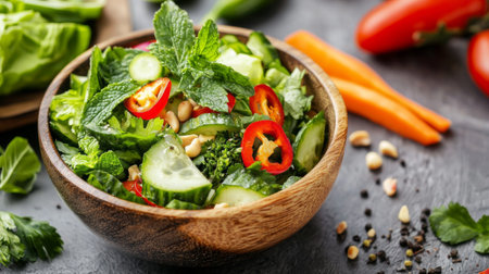 A vibrant and healthy salad featuring fresh cucumbers, spicy peppers, and aromatic mint served in a wooden bowl, perfect for enhancing any dining experience.の素材