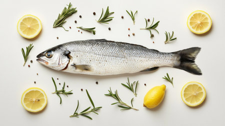 A fresh whole fish elegantly arranged with lemon slices and rosemary sprigs, perfect for emphasizing culinary creativity and healthy meal preparation.の素材