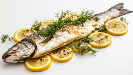 A beautifully arranged whole fish garnished with fresh lemon slices and dill showcases a culinary masterpiece on a clean white background, ideal for food photography.の素材