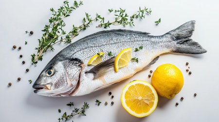 A beautifully arranged fresh fish accompanied by lemon slices and sprigs of thyme, perfect for showcasing natural ingredients in culinary settings.の素材