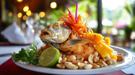 A beautifully arranged plate showcasing fried fish accompanied by fresh mango and colorful vegetables, garnished with nuts and lime, perfect for food lovers.の素材