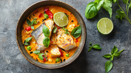 This enticing bowl of creamy coconut fish soup features fresh herbs and vibrant vegetables, offering a healthy and delicious option for any meal. Perfect for food photography!の素材