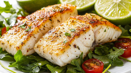 A delicious presentation of freshly cooked fish fillets on arugula, accented with cherry tomatoes and lime wedges, perfect for sumptious meals. Enjoy healthy flavors!の素材