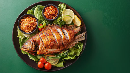 A beautifully plated crispy fried fish garnished with fresh vegetables and lime slices, ideal for food lovers seeking vibrant culinary inspiration.の素材