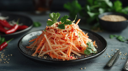 This vibrant salad features julienne carrots, fresh herbs, and sesame seeds topped with a spicy dressing, perfect for a colorful dining experience.の素材