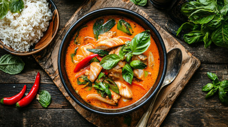 This vibrant Thai red curry showcases a medley of fresh vegetables and fragrant herbs, served alongside fluffy jasmine rice on a rustic wooden surface.の素材