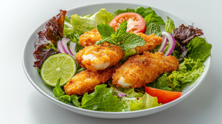 Enjoy a vibrant and crispy meal featuring golden fried fish fillets paired with fresh greens, juicy tomato, zesty lime, and aromatic mint for a delightful experience.の素材