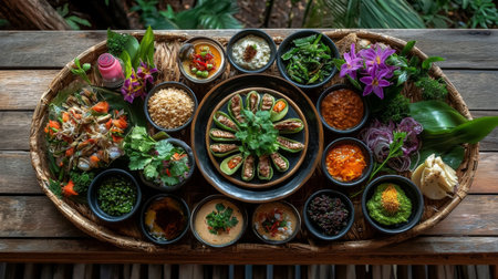 This stunning display features a vibrant assortment of fresh ingredients and dishes artfully arranged on a bamboo tray, surrounded by lush greenery.の素材