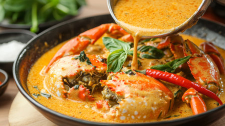 A stunning close-up of freshly cooked crab in a rich coconut curry sauce, adorned with fresh herbs and spicy red chilis, perfect for food lovers.の素材