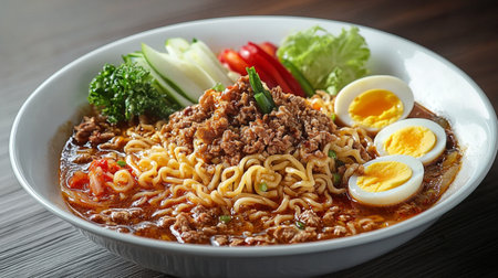 Experience a vibrant bowl of noodles topped with savory minced meat, soft boiled eggs, and fresh vegetables, perfect for food lovers and culinary photography.の素材