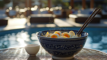 A beautiful bowl of steaming eggs served with chopsticks beside a tranquil pool. The serene morning light enhances the relaxing atmosphere, perfect for breakfast.の素材