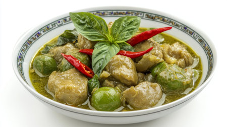 This vibrant green curry features tender pieces of meat, eggplants, fresh basil leaves, and red chili peppers, creating a delicious and aromatic meal.の素材