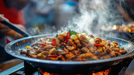 A vibrant stir-fry sizzling in a wok, showcasing fresh vegetables and spicy chili peppers, perfect for capturing the essence of street food culture and culinary artistry.の素材