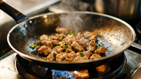 A mouthwatering scene of chicken pieces sizzling in a pan, surrounded by fresh herbs, creates a vibrant and inviting atmosphere in a busy kitchen.の素材