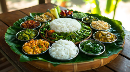 A beautiful traditional South Asian platter showcasing rice and various vegetable dishes arranged on a green leaf. Ideal for showcasing vibrant culinary culture.の素材