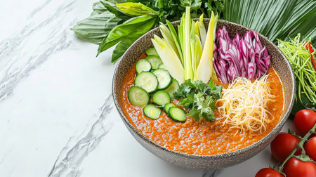 An enticing bowl filled with rich Asian flavors and vibrant fresh vegetables, perfect for promoting healthy eating, culinary creativity, and delicious meal ideas.の素材