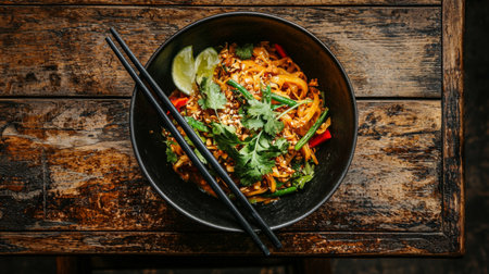 This stunning bowl features colorful noodles combined with fresh vegetables and aromatic herbs, garnished with a lime wedge, set on a rustic wooden table.の素材
