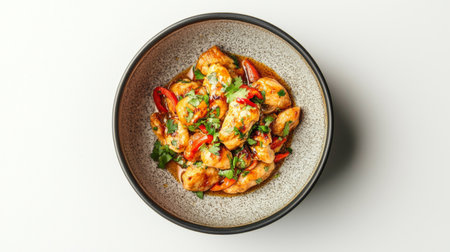 Indulge in this vibrant gourmet shrimp dish featuring fresh vegetables and herbs, beautifully presented in a stylish bowl, perfect for culinary enthusiasts.の素材