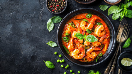 Discover a beautiful shrimp dish featuring fresh basil and spices, beautifully presented on a black stone surface, perfect for culinary enthusiasts and food lovers.の素材