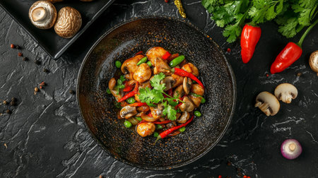This vibrant stir-fry dish features fresh vegetables and aromatic herbs, beautifully plated on a dark slate background, perfect for culinary inspiration.の素材