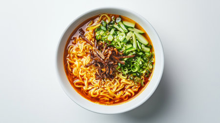 Enjoy a flavorful bowl of spicy ramen, featuring perfectly cooked noodles, vibrant green onions, crisp cucumbers, and tender beef, perfect for comforting meals.の素材