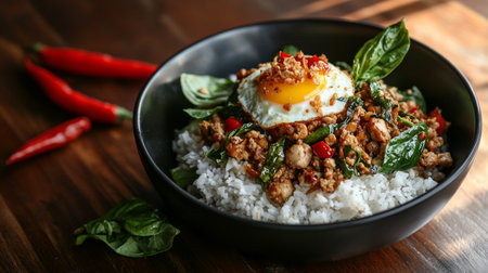 Savor the delightful flavors of Thai basil chicken stir fry served over white rice with a sunny side up egg, fresh chilies, and vibrant greens for a satisfying meal.の素材