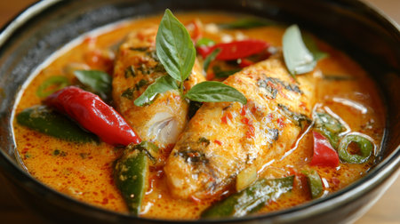 A rich and flavorful bowl of spicy red curry featuring grilled fish fillets, fresh herbs, and vibrant vegetables, perfect for gourmet dining at home or in a restaurant.の素材